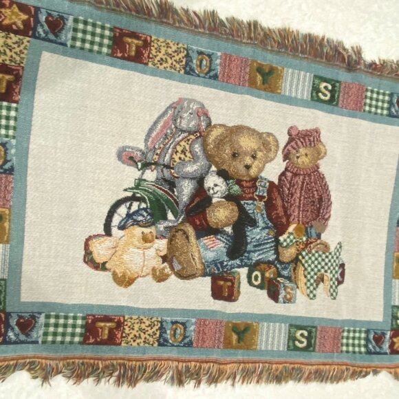 47x29" Daisy Kingdom baby crib blanket blue jean teddy bear print fringe trim af - Picture 4 of 5